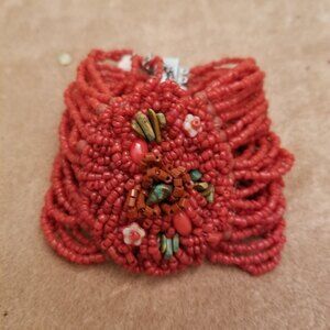 Vintage MaLee Coral & Turquoise Seed Bead Wide Bracelet – Floral Centerpiece